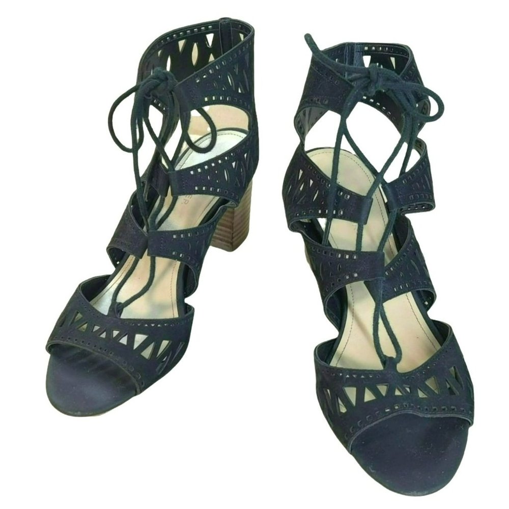 Marc Fisher 9.5M Black Suede Peep Toe Laser Cut Ankle High Block Heel Sandal
